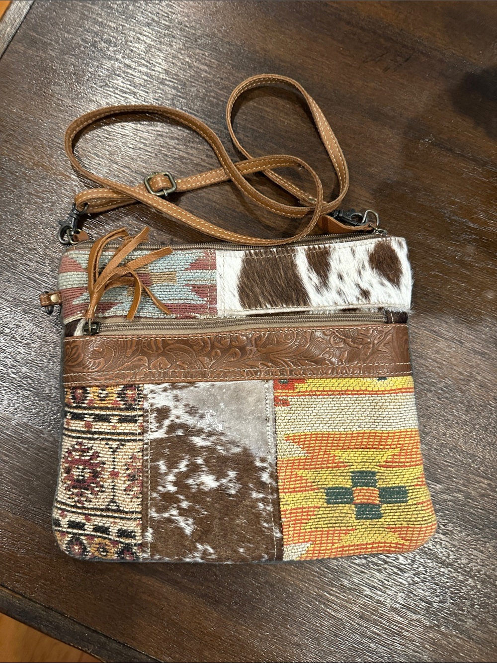 Myra Bag Patchwork Crossbody in Brown, Tan, Yellow and Orange